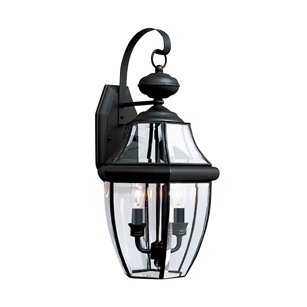 Generation Lighting Lancaster Traditional 2-Light Outdoor Exterior Wall Lantern Sconce In Black Finish With Clear Curved Beveled Glass Shade