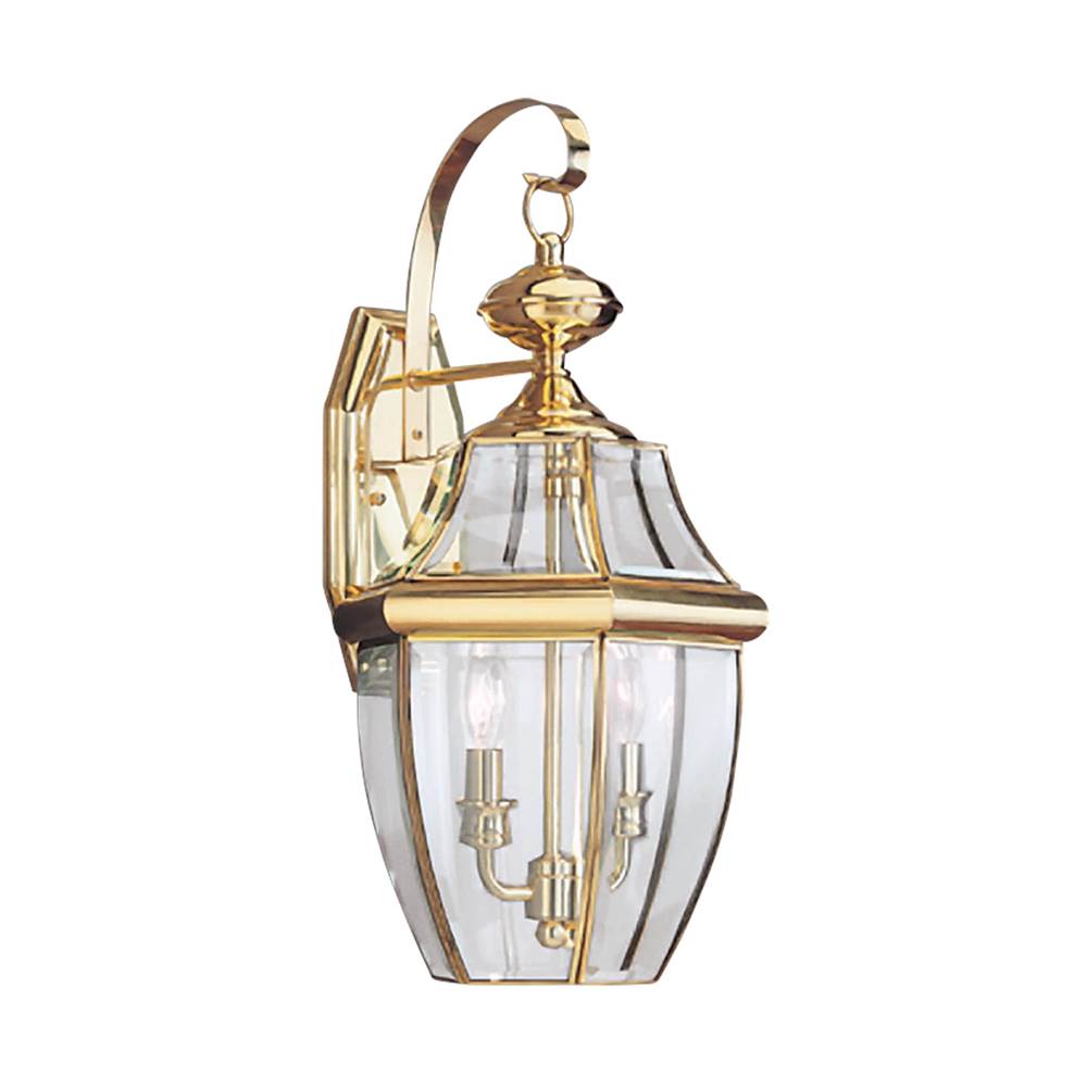 Generation Lighting Lancaster Traditional 2-Light Led Outdoor Exterior Wall Lantern Sconce In Polished Brass Gold Finish With Clear Curved Beveled Glass Shade