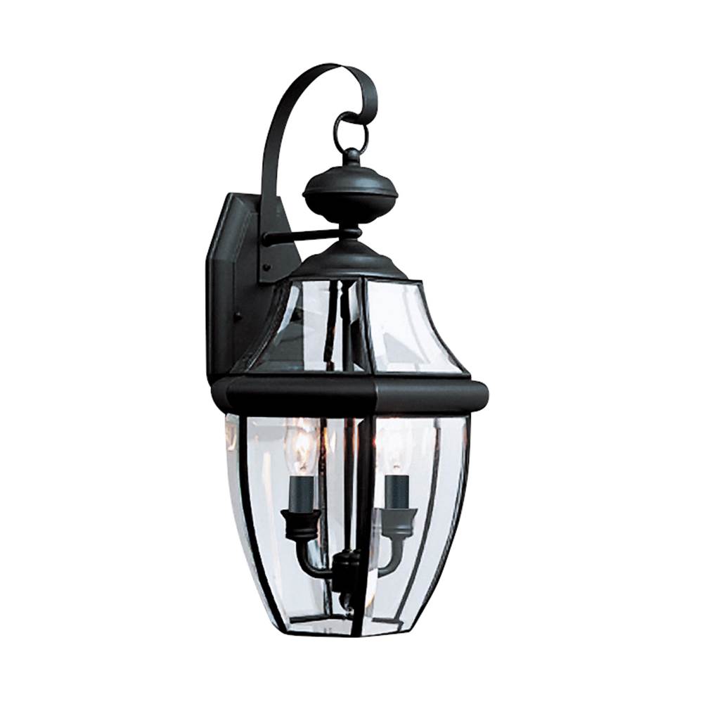 Generation Lighting Lancaster Traditional 2-Light Led Outdoor Exterior Wall Lantern Sconce In Black Finish With Clear Curved Beveled Glass Shade