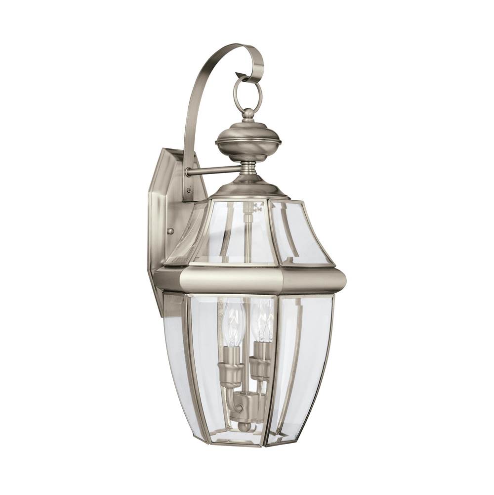 Generation Lighting Lancaster Traditional 2-Light Led Outdoor Exterior Wall Lantern Sconce In Antique Brushed Nickel Silver Finish W/Clear Curved Beveled Glass Shade