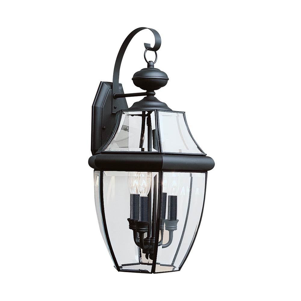 Generation Lighting Lancaster Traditional 3-Light Outdoor Exterior Wall Lantern Sconce In Black Finish With Clear Curved Beveled Glass Shade