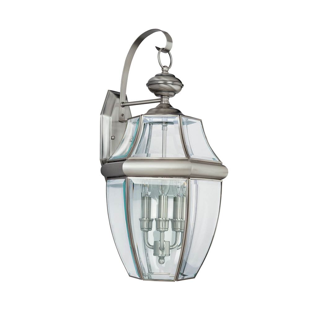 Generation Lighting Lancaster Traditional 3-Light Outdoor Exterior Wall Lantern Sconce In Antique Brushed Nickel Silver Finish With Clear Curved Beveled Glass Shade