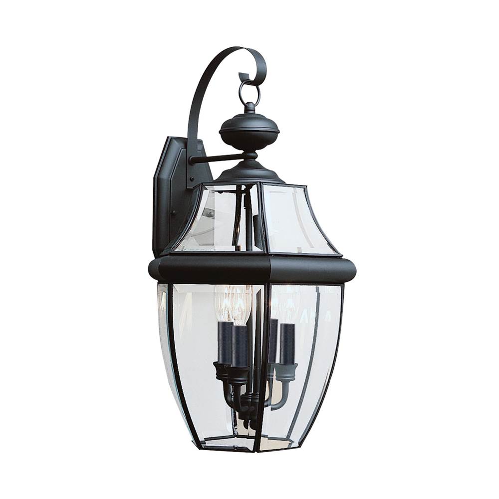Generation Lighting Lancaster Traditional 3-Light Led Outdoor Exterior Wall Lantern Sconce In Black Finish With Clear Curved Beveled Glass Shade