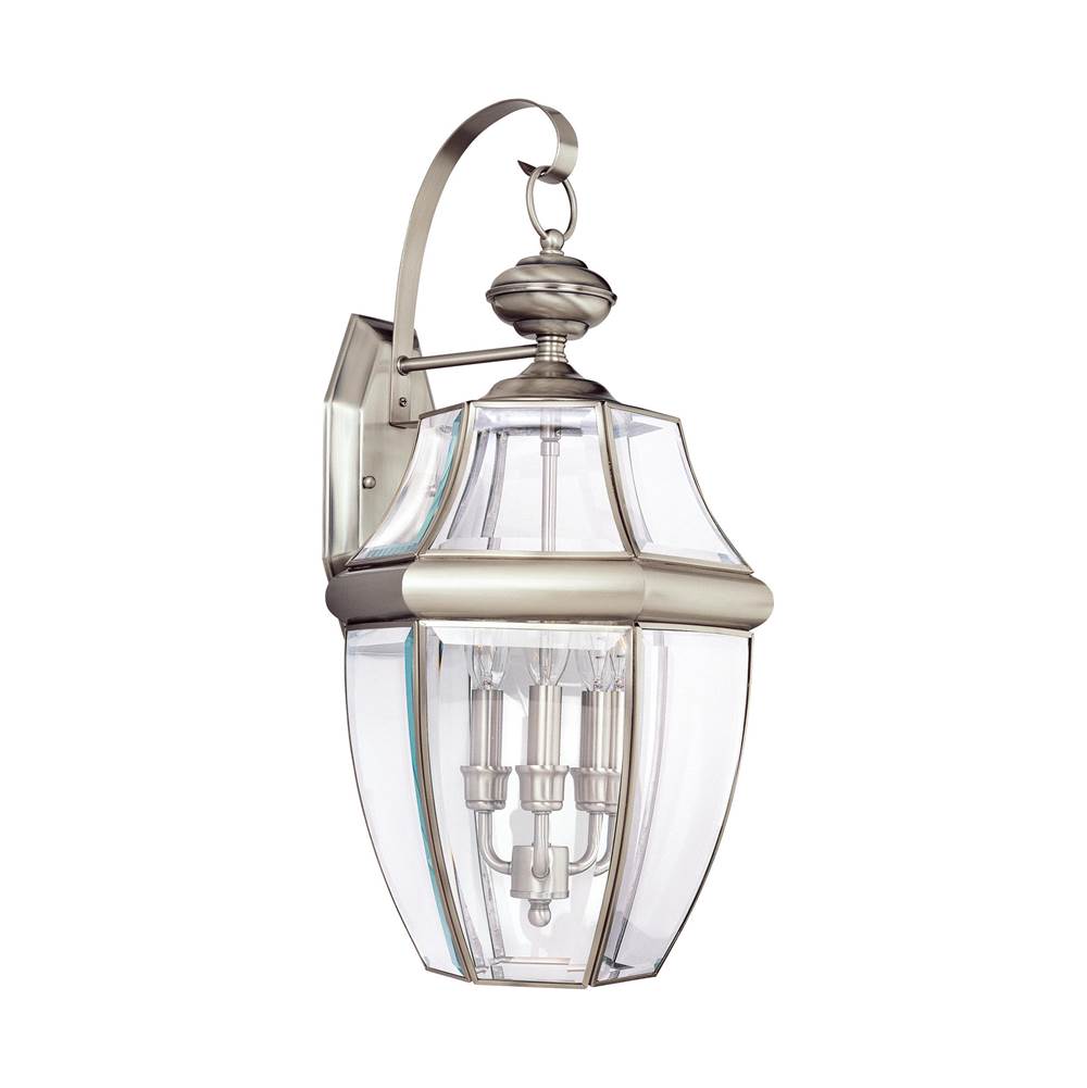 Generation Lighting Lancaster Traditional 3-Light Led Outdoor Exterior Wall Lantern Sconce In Antique Brushed Nickel Silver Finish W/Clear Curved Beveled Glass Shade