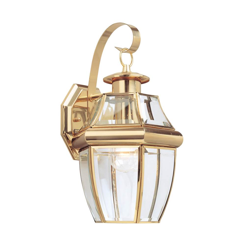 Generation Lighting Lancaster Traditional 1-Light Outdoor Exterior Large Wall Lantern Sconce In Polished Brass Gold Finish With Clear Curved Beveled Glass Shade