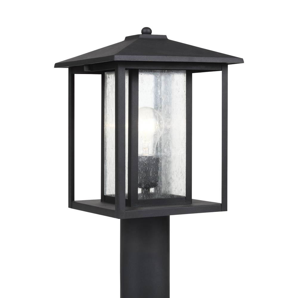 Generation Lighting Hunnington Contemporary 1-Light Outdoor Exterior Post Lantern In Black Finish With Clear Seeded Glass Panels