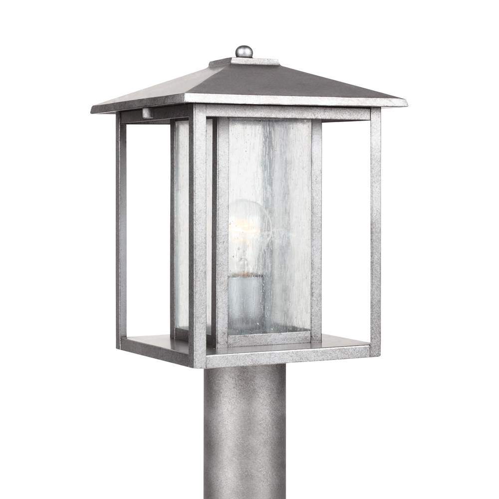 Generation Lighting Hunnington Contemporary 1-Light Outdoor Exterior Post Lantern In Weathered Pewter Grey Finish With Clear Seeded Glass Panels