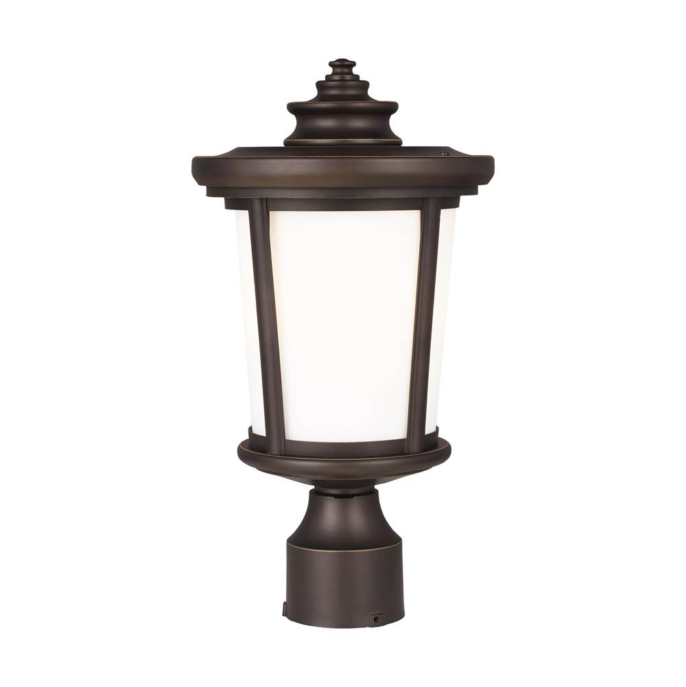 Generation Lighting Eddington Modern 1-Light Outdoor Exterior Post Lantern In Antique Bronze Finish With Cased Opal Etched Glass Panel