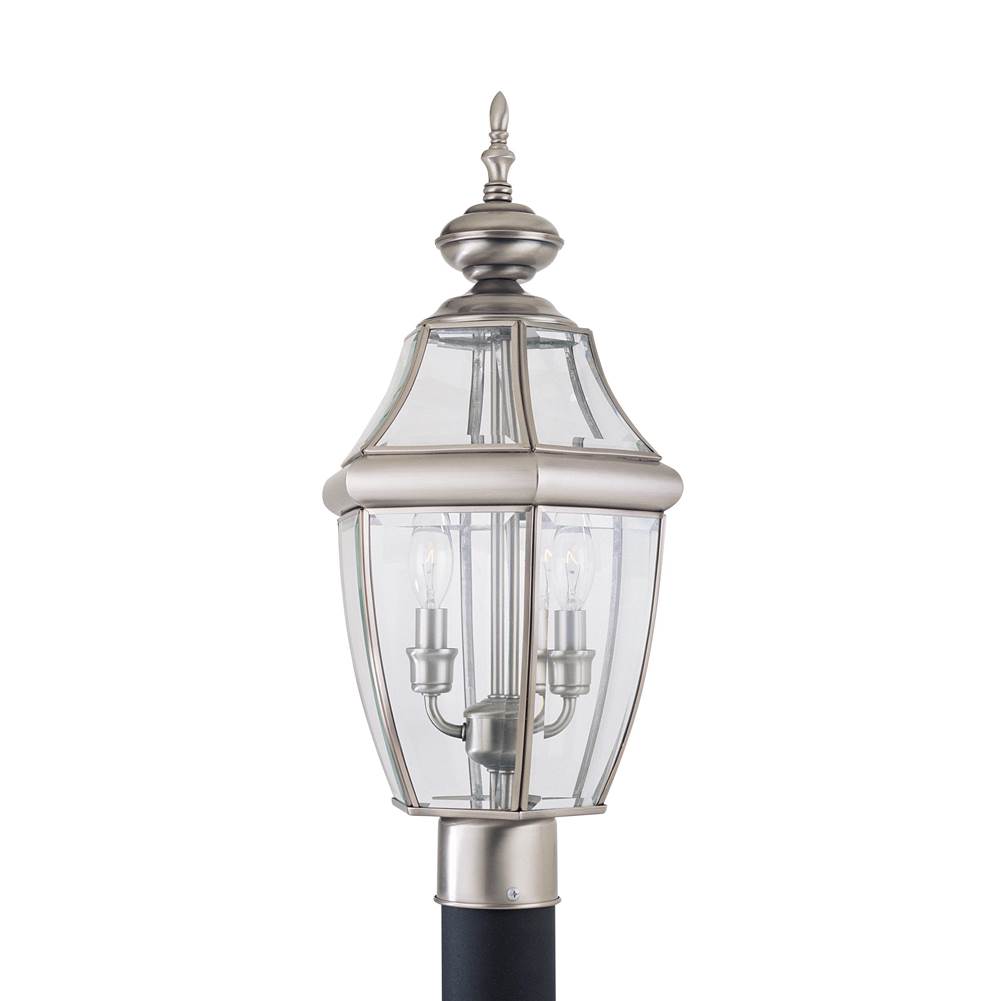 Generation Lighting Lancaster Traditional 2-Light Outdoor Exterior Post Lantern In Antique Brushed Nickel Silver Finish With Clear Curved Beveled Glass Shade