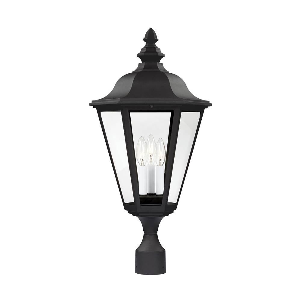 Generation Lighting Brentwood Traditional 3-Light Outdoor Exterior Post Lantern In Black Finish With Clear Glass Panels