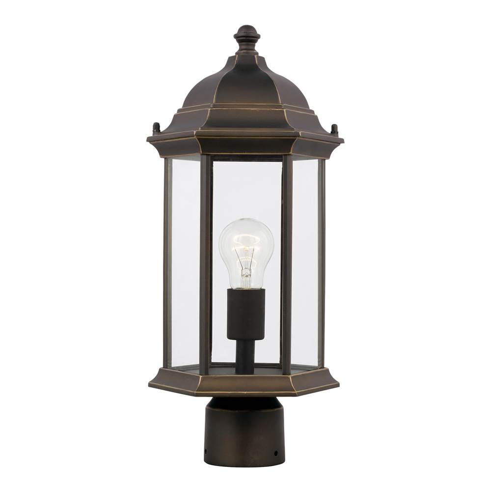 Generation Lighting Sevier Traditional 1-Light Outdoor Exterior Medium Post Lantern In Antique Bronze Finish With Satin Etched Glass Panels