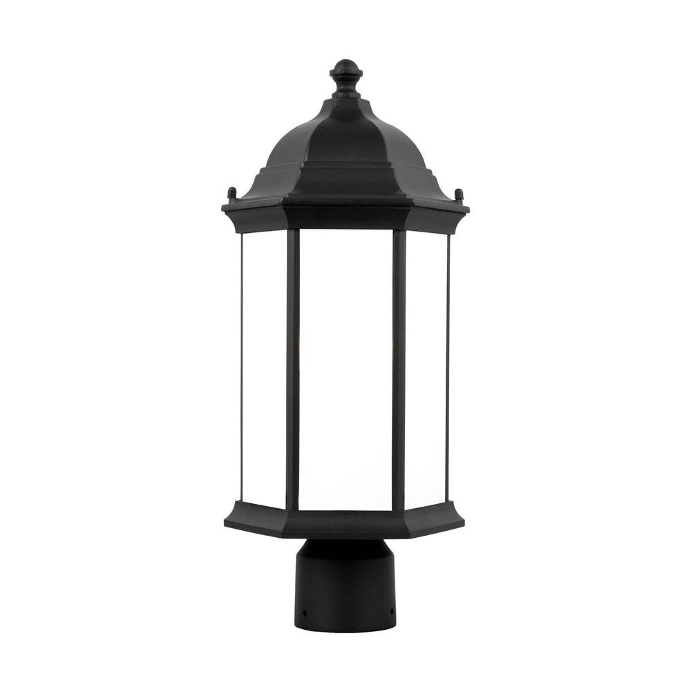 Generation Lighting Sevier Traditional 1-Light Led Outdoor Exterior Medium Post Lantern In Black Finish With Satin Etched Glass Panels