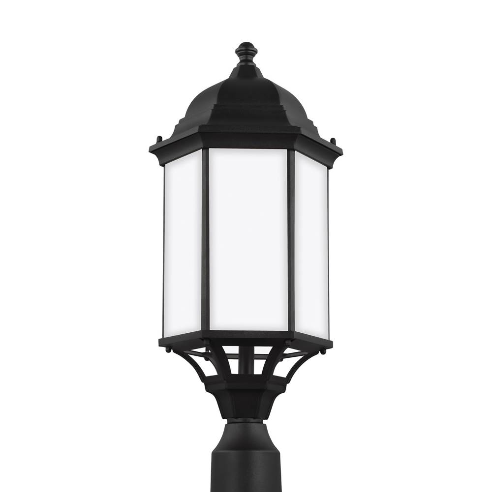Generation Lighting Sevier Traditional 1-Light Outdoor Exterior Large Post Lantern In Black Finish With Satin Etched Glass Panels
