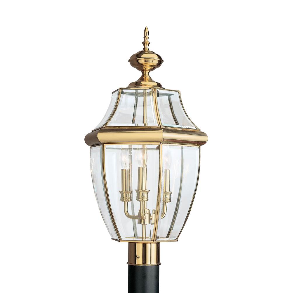 Generation Lighting Lancaster Traditional 3-Light Outdoor Exterior Post Lantern In Polished Brass Gold Finish With Clear Curved Beveled Glass Shade