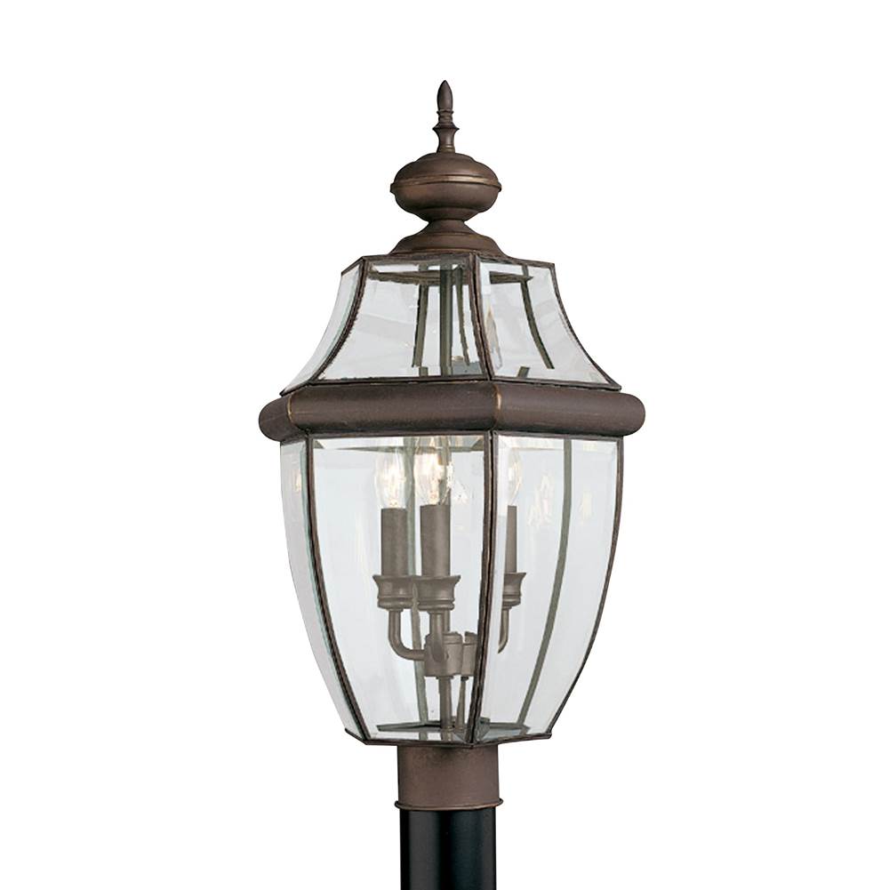 Generation Lighting Lancaster Traditional 3-Light Outdoor Exterior Post Lantern In Antique Bronze Finish With Clear Curved Beveled Glass Shade