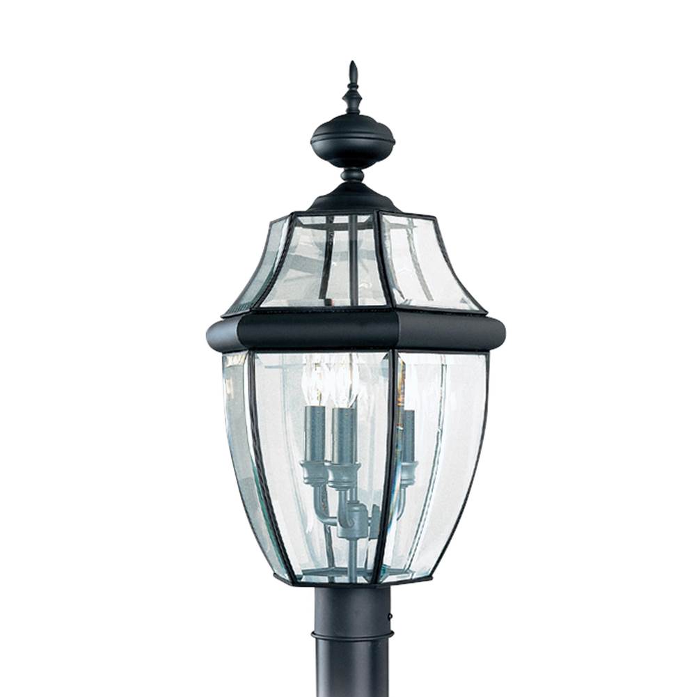 Generation Lighting Lancaster Traditional 3-Light Led Outdoor Exterior Post Lantern In Black Finish With Clear Curved Beveled Glass Shade