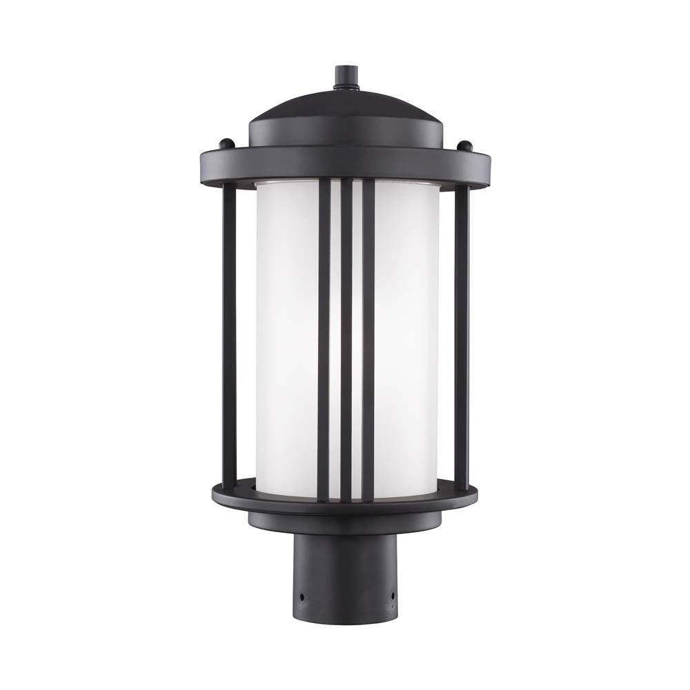 Generation Lighting Crowell Contemporary 1-Light Outdoor Exterior Post Lantern In Black Finish With Satin Etched Glass Shade