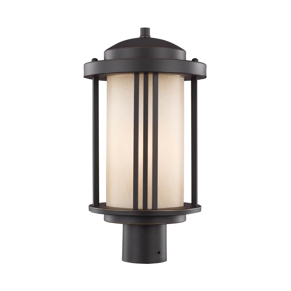 Generation Lighting Crowell Contemporary 1-Light Outdoor Exterior Post Lantern In Antique Bronze Finish With Creme Parchment Glass Shade