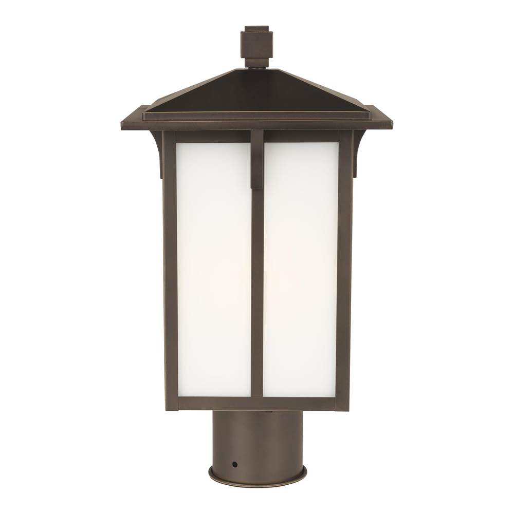 Generation Lighting Tomek Modern 1-Light Outdoor Exterior Post Lantern In Antique Bronze Finish With Etched White Glass Panels