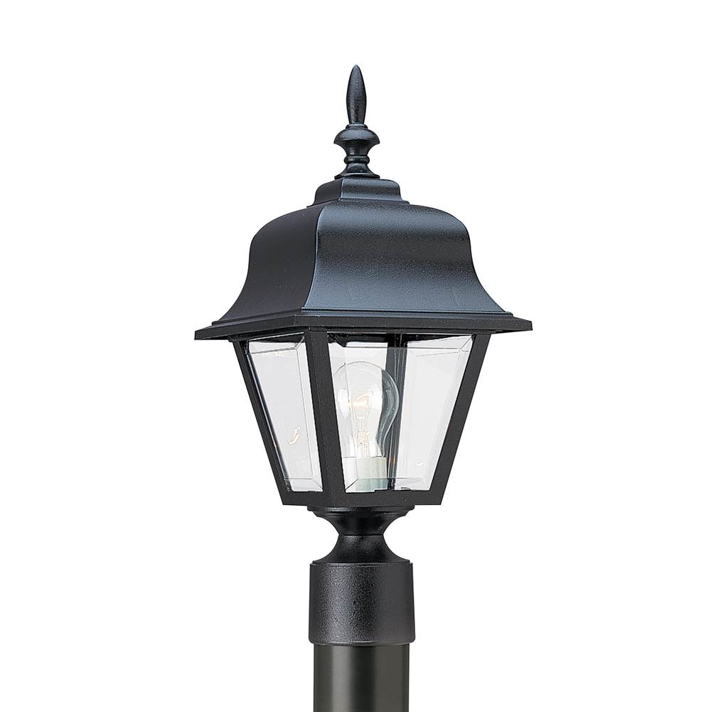 Generation Lighting Polycarbonate Outdoor Traditional 1-Light Outdoor Exterior Medium Post Lantern In Black Finish With Clear Beveled Acrylic Panels