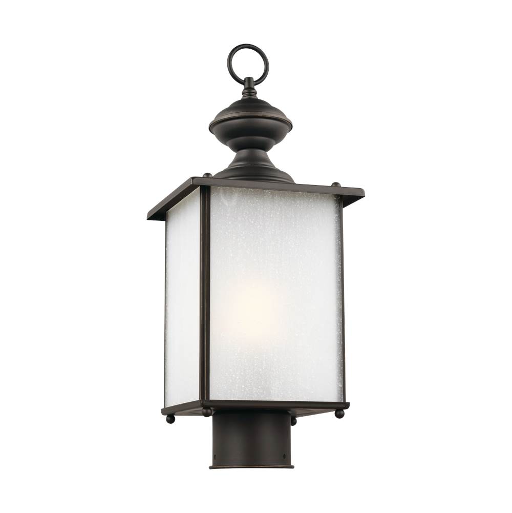 Generation Lighting Jamestowne Transitional 1-Light Outdoor Exterior Post Lantern In Antique Bronze Finish With Frosted Seeded Glass Panels