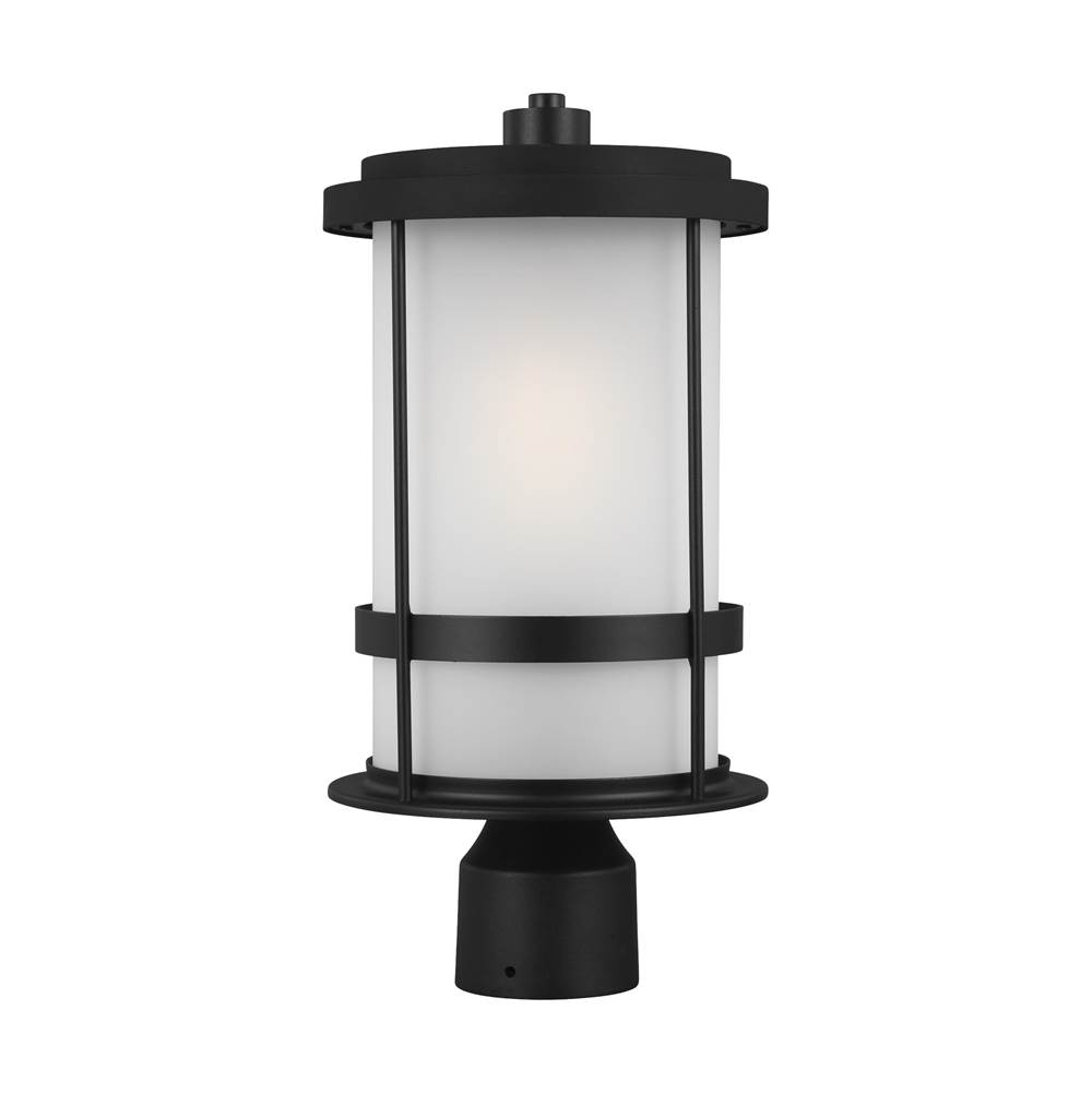 Generation Lighting Wilburn Modern 1-Light Led Outdoor Exterior Post Lantern In Black Finish With Satin Etched Glass Shade