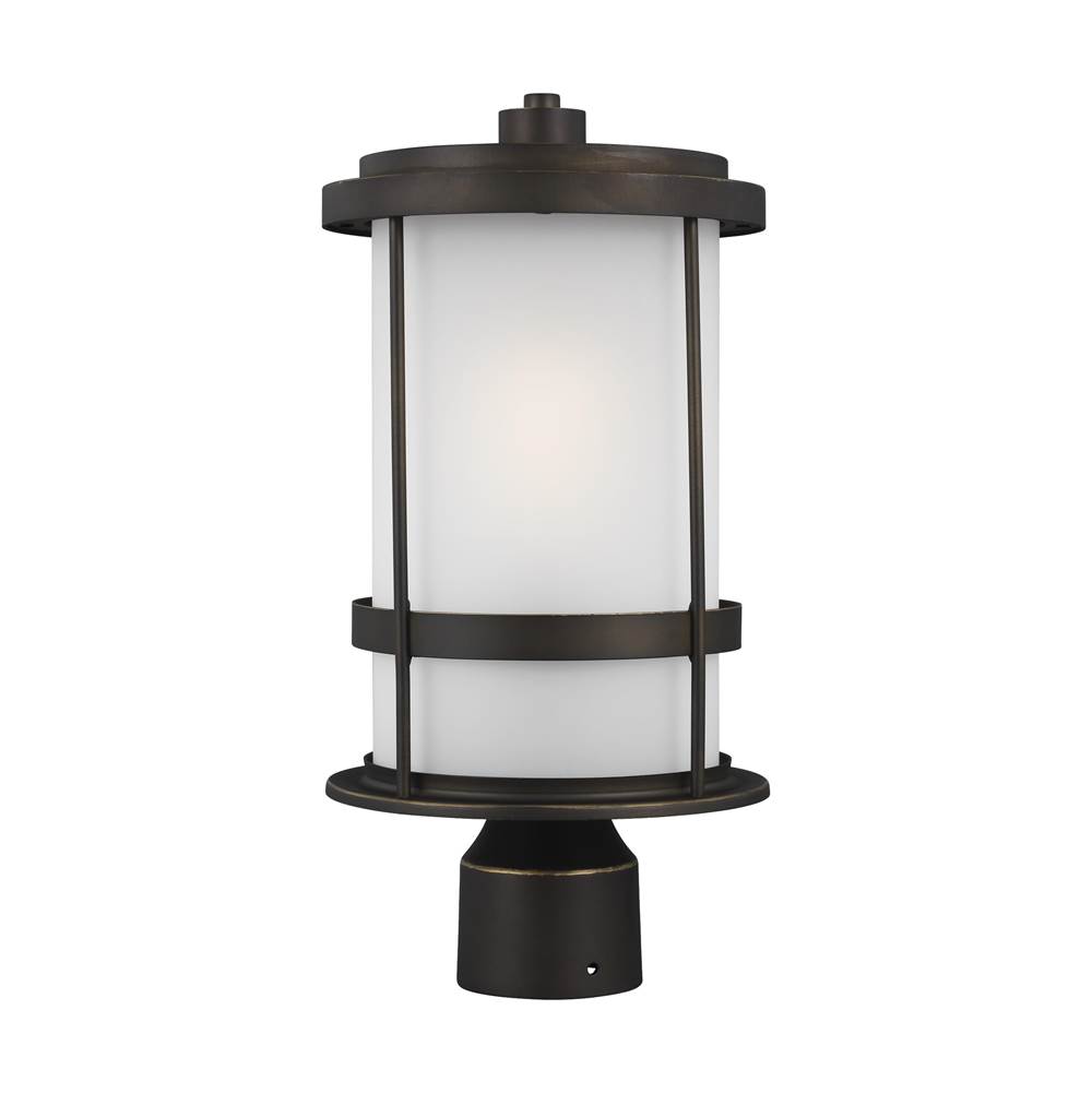 Generation Lighting Wilburn Modern 1-Light Led Outdoor Exterior Post Lantern In Antique Bronze Finish With Satin Etched Glass Shade