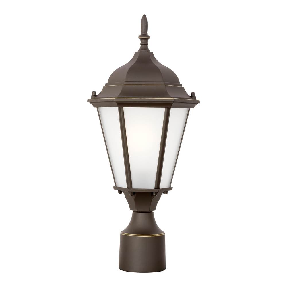 Generation Lighting Bakersville Traditional 1-Light Outdoor Exterior Post Lantern In Antique Bronze Finish With Satin Etched Glass Panels