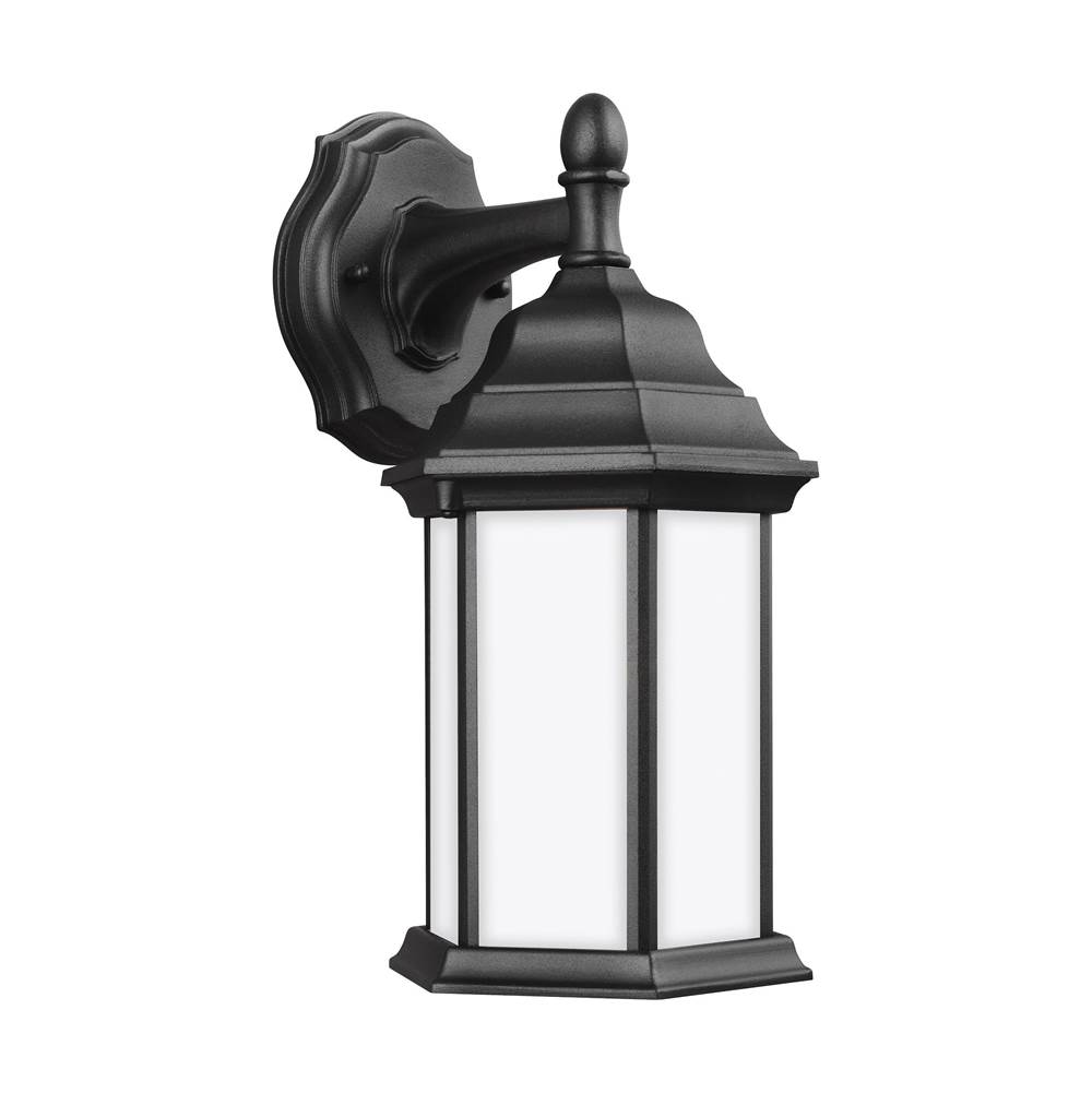 Generation Lighting Sevier Traditional 1-Light Outdoor Exterior Small Downlight Outdoor Wall Lantern Sconce In Black Finish With Satin Etched Glass Panels