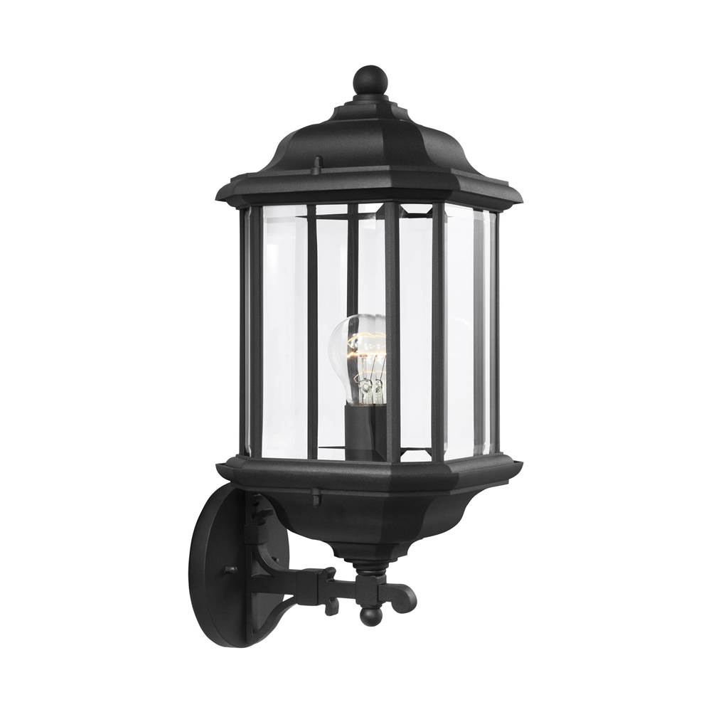 Generation Lighting Kent Traditional 1-Light Outdoor Exterior Large Uplight Wall Lantern Sconce In Black Finish With Clear Beveled Glass Panels