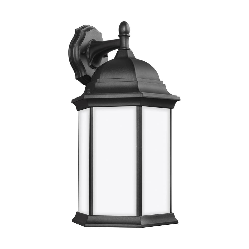 Generation Lighting Sevier Traditional 1-Light Outdoor Exterior Large Downlight Outdoor Wall Lantern Sconce In Black Finish With Satin Etched Glass Panels