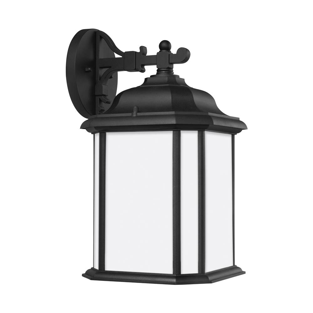 Generation Lighting Kent Traditional 1-Light Outdoor Exterior Large Wall Lantern Sconce In Black Finish With Satin Etched Glass Panels