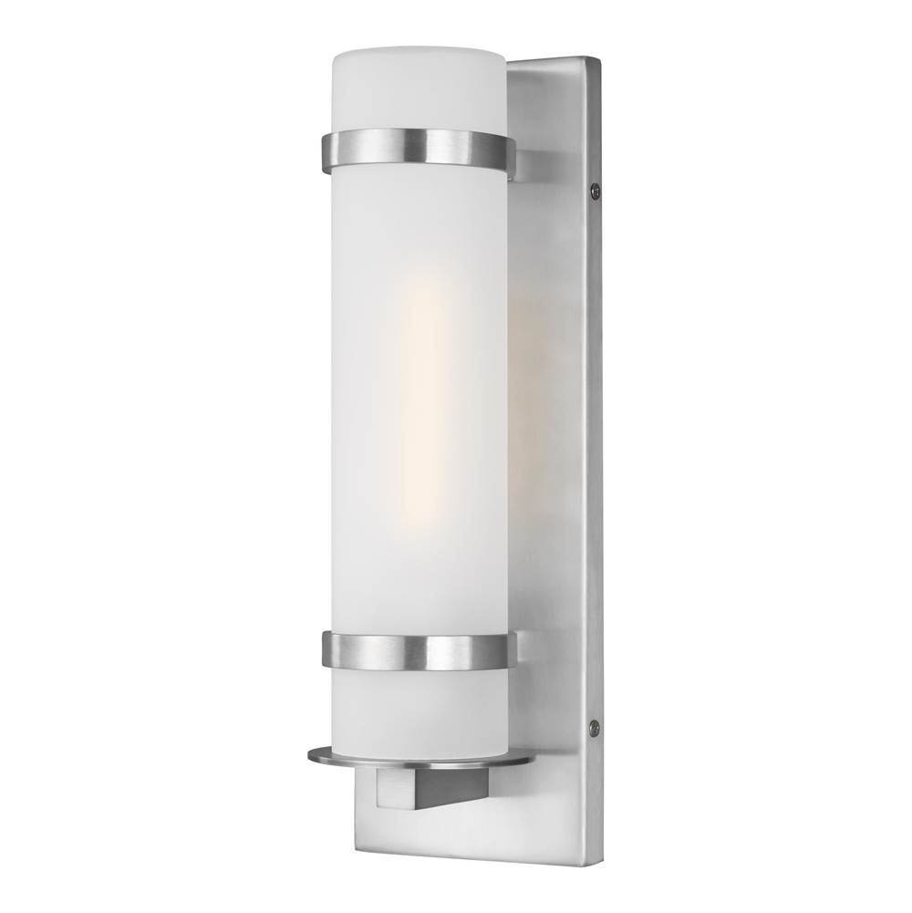 Generation Lighting Alban Modern 1-Light Outdoor Exterior Small Round Wall Lantern In Satin Aluminum Silver With Etched Opal Glass Shade