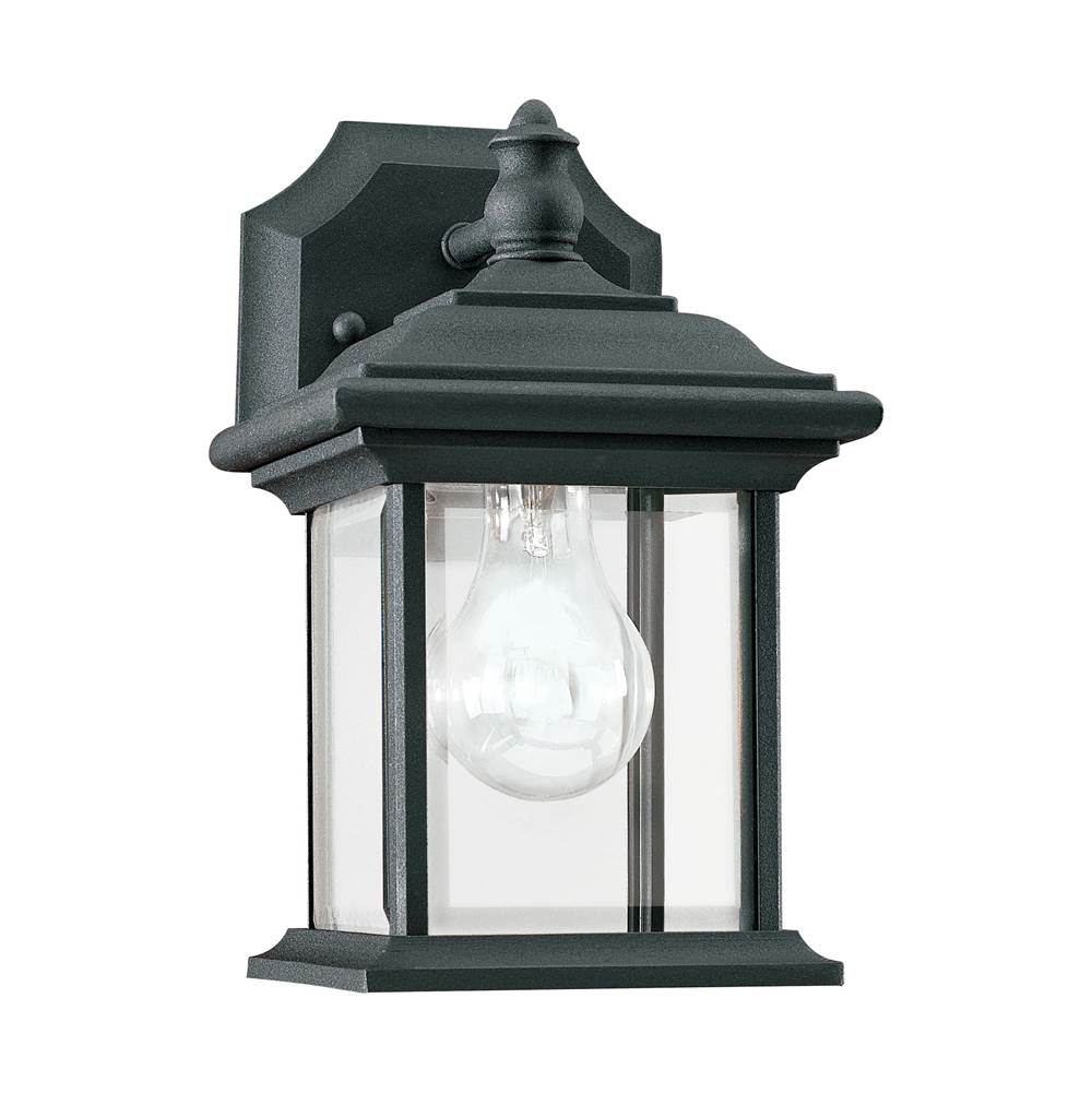 Generation Lighting Wynfield Traditional 1-Light Outdoor Exterior Wall Lantern Sconce Downlight In Black Finish With Clear Beveled Glass Panels
