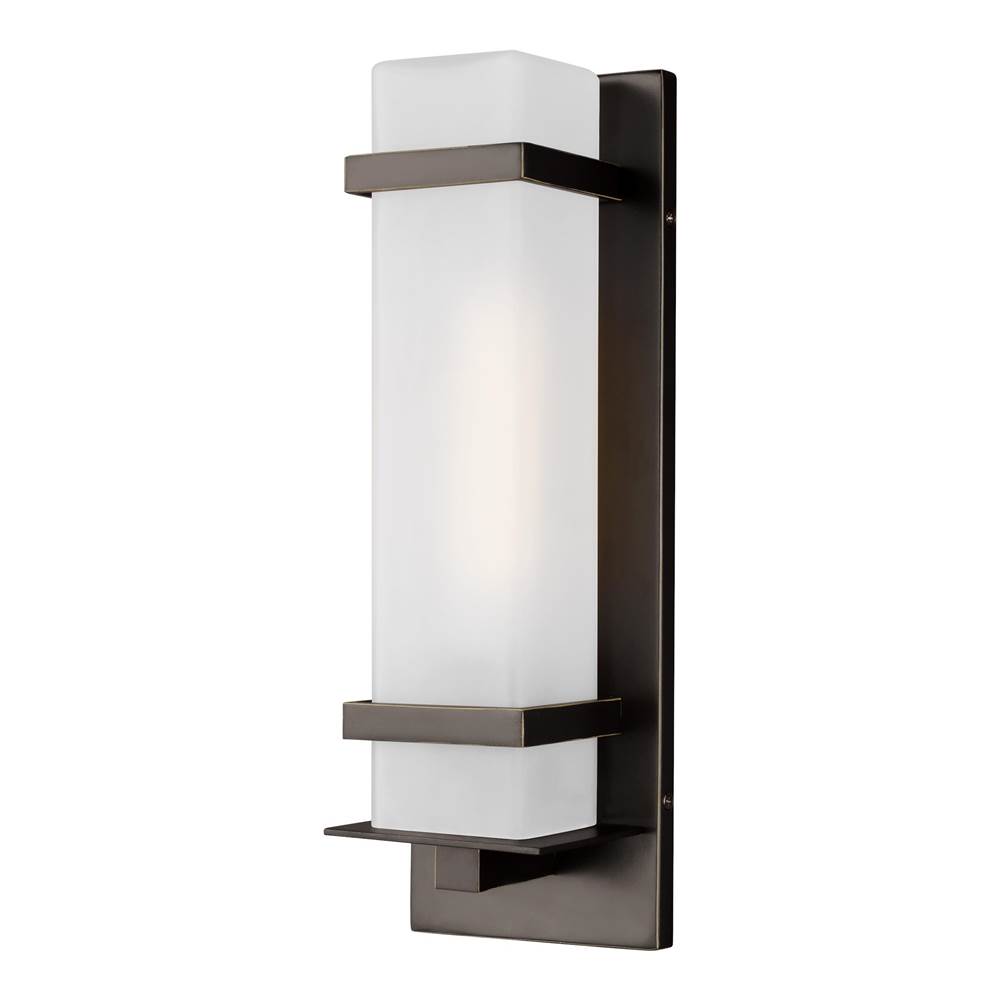 Generation Lighting Alban Modern 1-Light Led Outdoor Exterior Small Square Wall Lantern Sconce In Antique Bronze Finish With Etched Opal Glass Shade