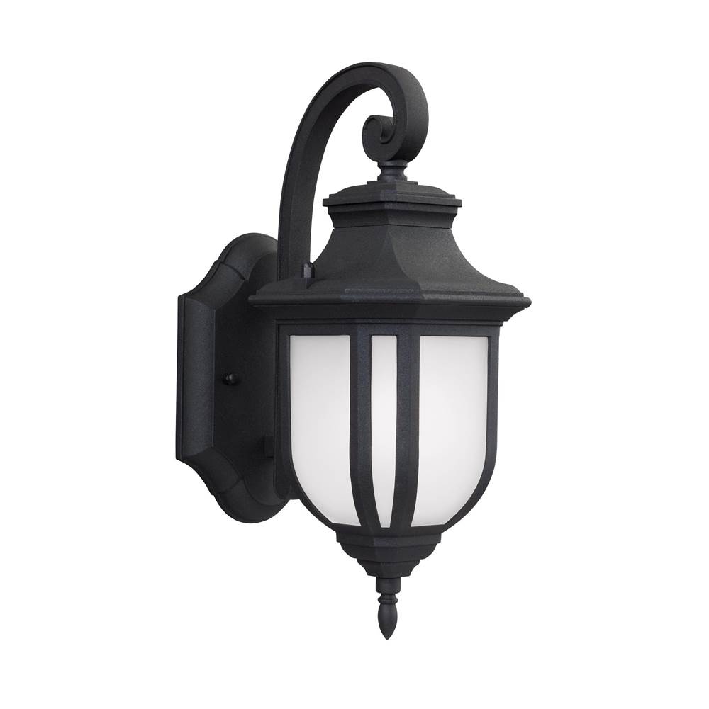 Generation Lighting Childress Traditional 1-Light Outdoor Exterior Small Wall Lantern Sconce In Black Finish With Satin Etched Glass Shade