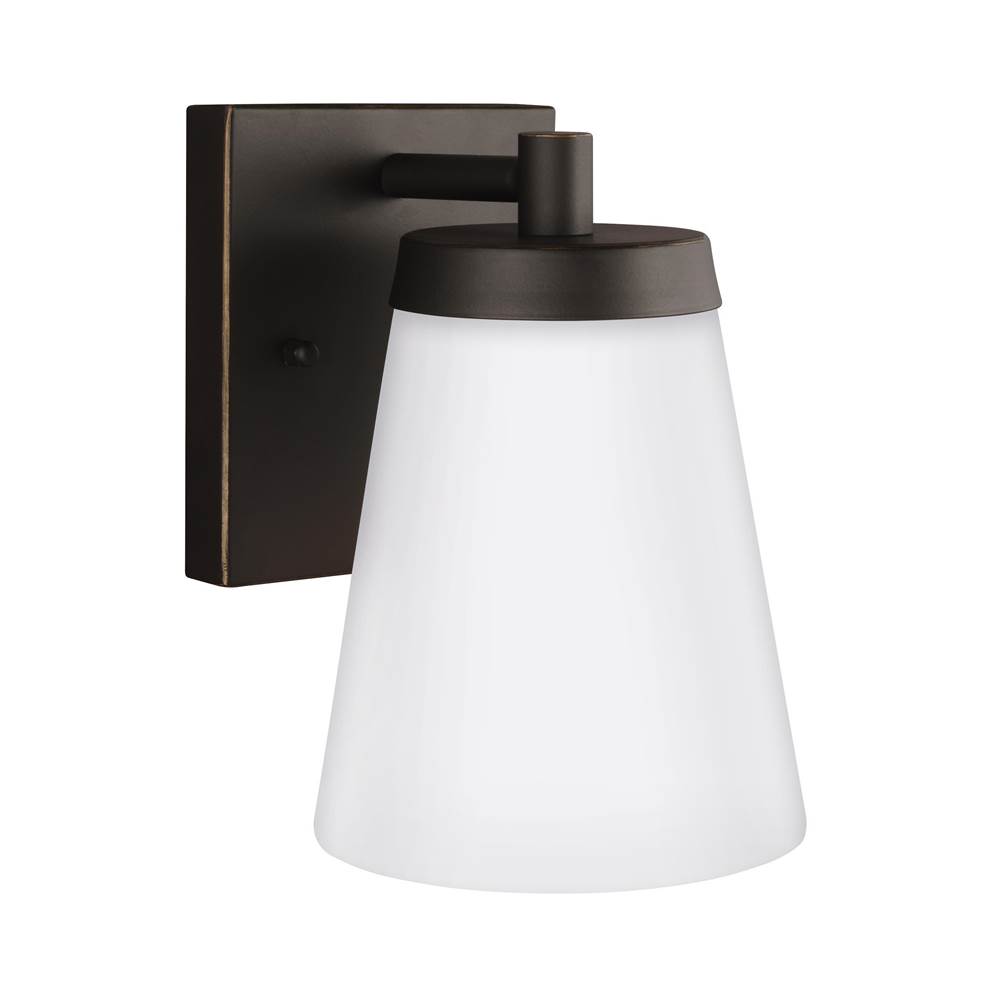 Generation Lighting Renville Transitional 1-Light Outdoor Exterior Small Wall Lantern Sconce In Antique Bronze Finish With Satin Etched Glass Shade
