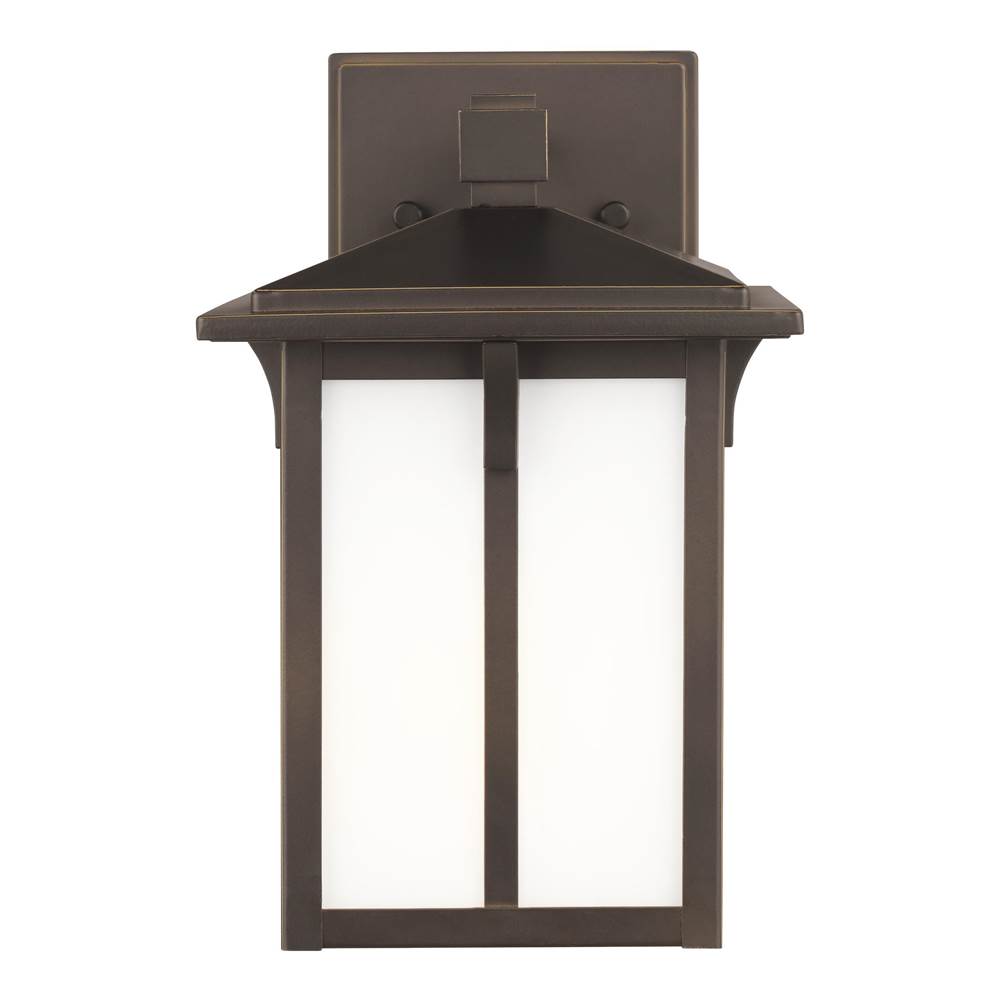Generation Lighting Tomek Modern 1-Light Outdoor Exterior Small Wall Lantern Sconce In Antique Bronze Finish With Etched White Glass Panels