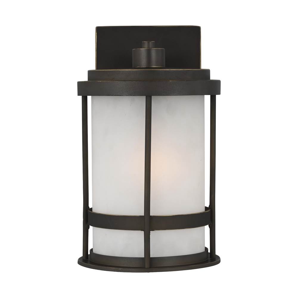 Generation Lighting Wilburn Modern 1-Light Outdoor Exterior Small Wall Lantern Sconce In Antique Bronze Finish With Satin Etched Glass Shade