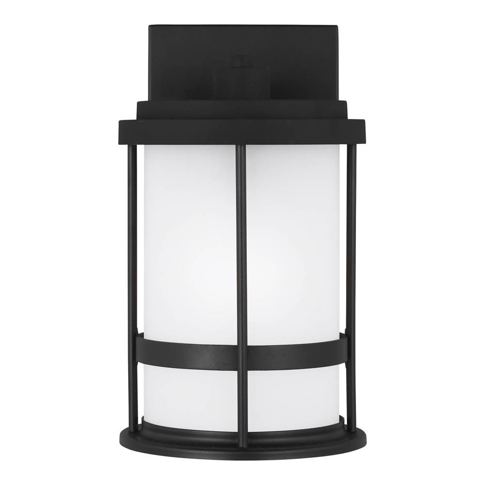 Generation Lighting Wilburn Modern 1-Light Outdoor Exterior Dark Sky Compliant Small Wall Lantern Sconce In Black Finish With Satin Etched Glass Shade