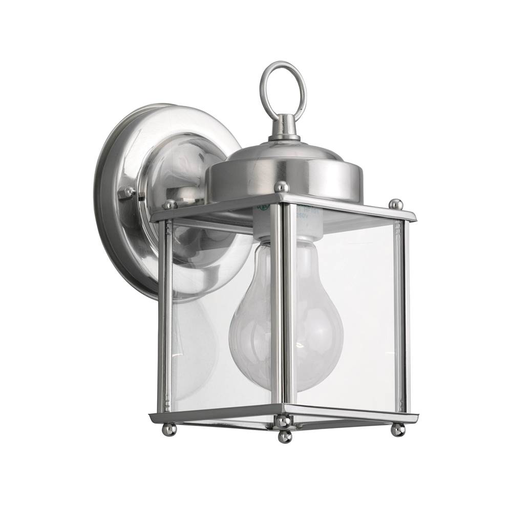 Generation Lighting New Castle Traditional 1-Light Outdoor Exterior Wall Lantern Sconce In Antique Brushed Nickel Silver Finish With Clear Glass Panels