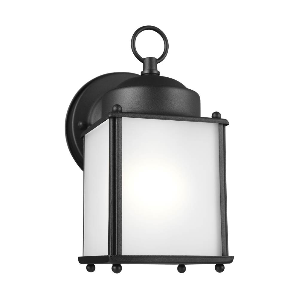 Generation Lighting New Castle Traditional 1-Light Outdoor Exterior Wall Lantern Sconce In Black Finish With Satin Etched Glass Panels