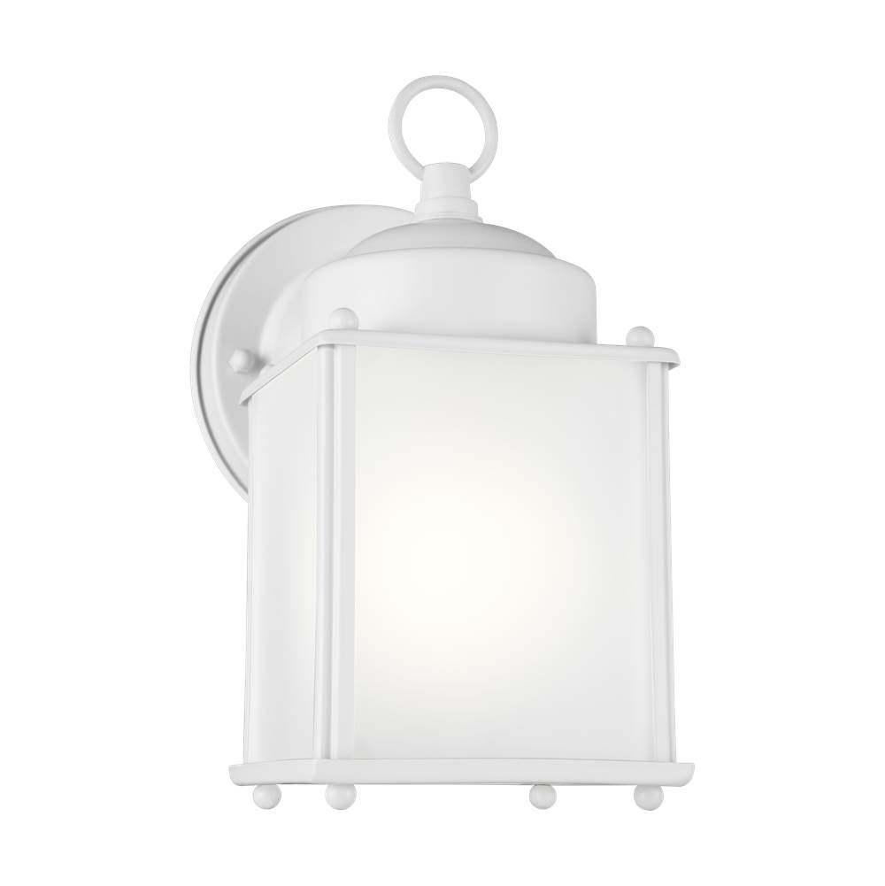Generation Lighting New Castle Traditional 1-Light Outdoor Exterior Wall Lantern Sconce In White Finish With Satin Etched Glass Panels