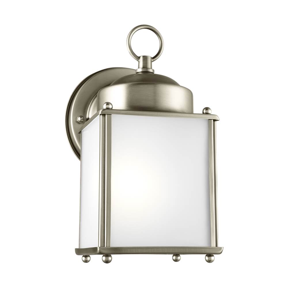 Generation Lighting New Castle Traditional 1-Light Outdoor Exterior Wall Lantern Sconce In Antique Brushed Nickel Silver Finish With Satin Etched Glass Panels