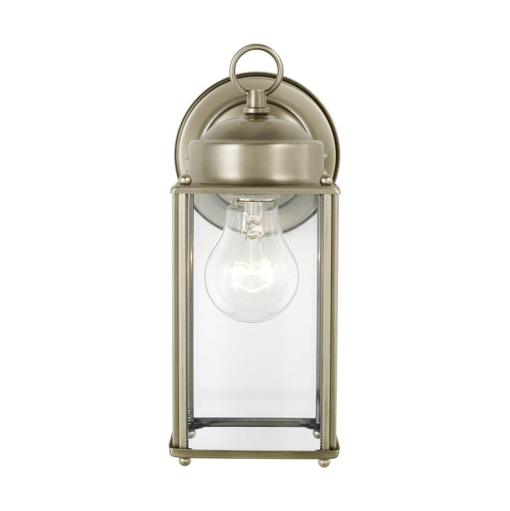 Generation Lighting New Castle Traditional 1-Light Outdoor Exterior Large Wall Lantern Sconce In Antique Brushed Nickel Silver Finish With Clear Glass Panels