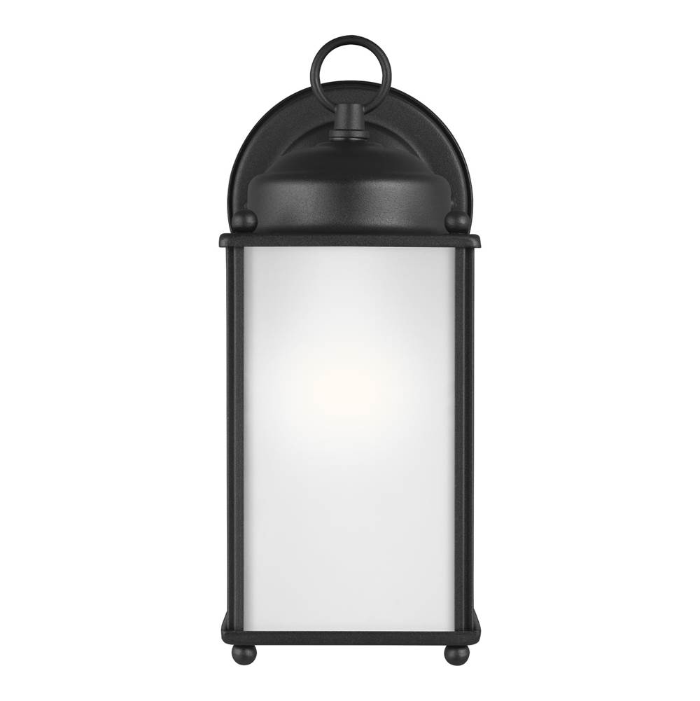 Generation Lighting New Castle Traditional 1-Light Outdoor Exterior Large Wall Lantern Sconce In Black Finish With Satin Etched Glass Panels