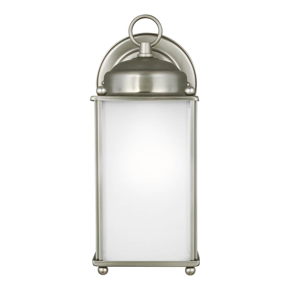 Generation Lighting New Castle Traditional 1-Light Led Outdoor Exterior Large Wall Lantern Sconce In Antique Brushed Nickel Silver Finish W/Satin Etched Glass Panels