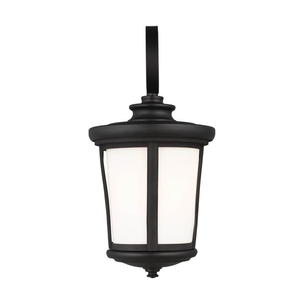 Generation Lighting Eddington Modern 1-Light Outdoor Exterior Medium Wall Lantern Sconce In Black Finish With Cased Opal Etched Glass Panel