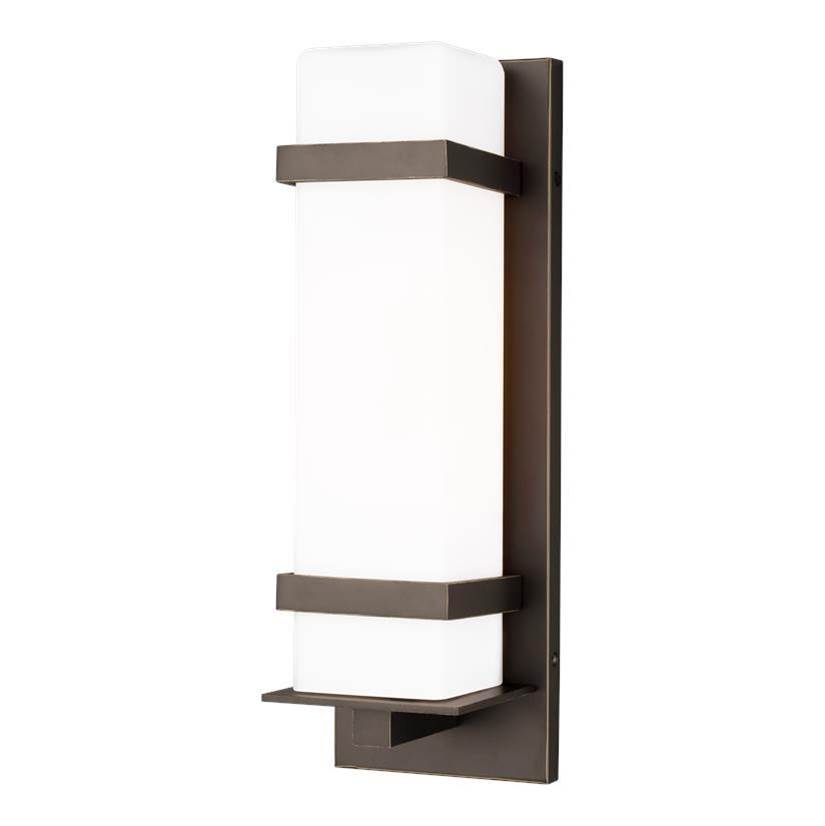 Generation Lighting Alban Modern 1-Light Outdoor Exterior Medium Square Wall Lantern In Antique Bronze Finish With Etched Opal Glass Shade