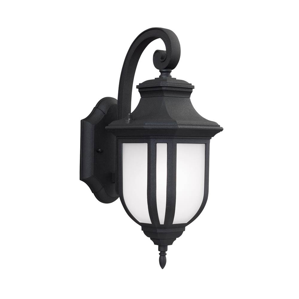 Generation Lighting Childress Traditional 1-Light Outdoor Exterior Medium Wall Lantern Sconce In Black Finish With Satin Etched Glass Shade